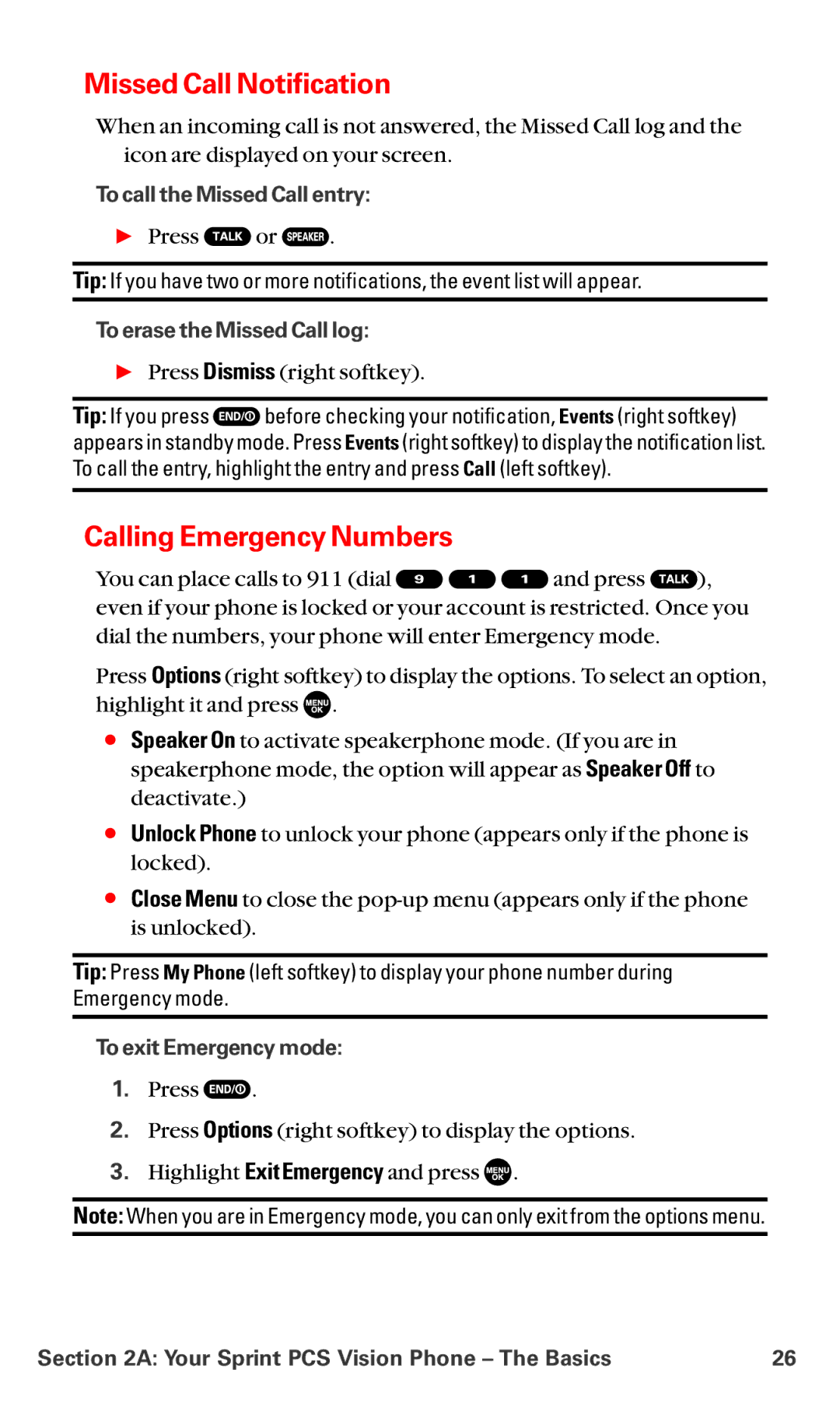 Sanyo MM-5600 Missed Call Notification, Calling Emergency Numbers, To call the Missed Call entry, To exit Emergency mode 