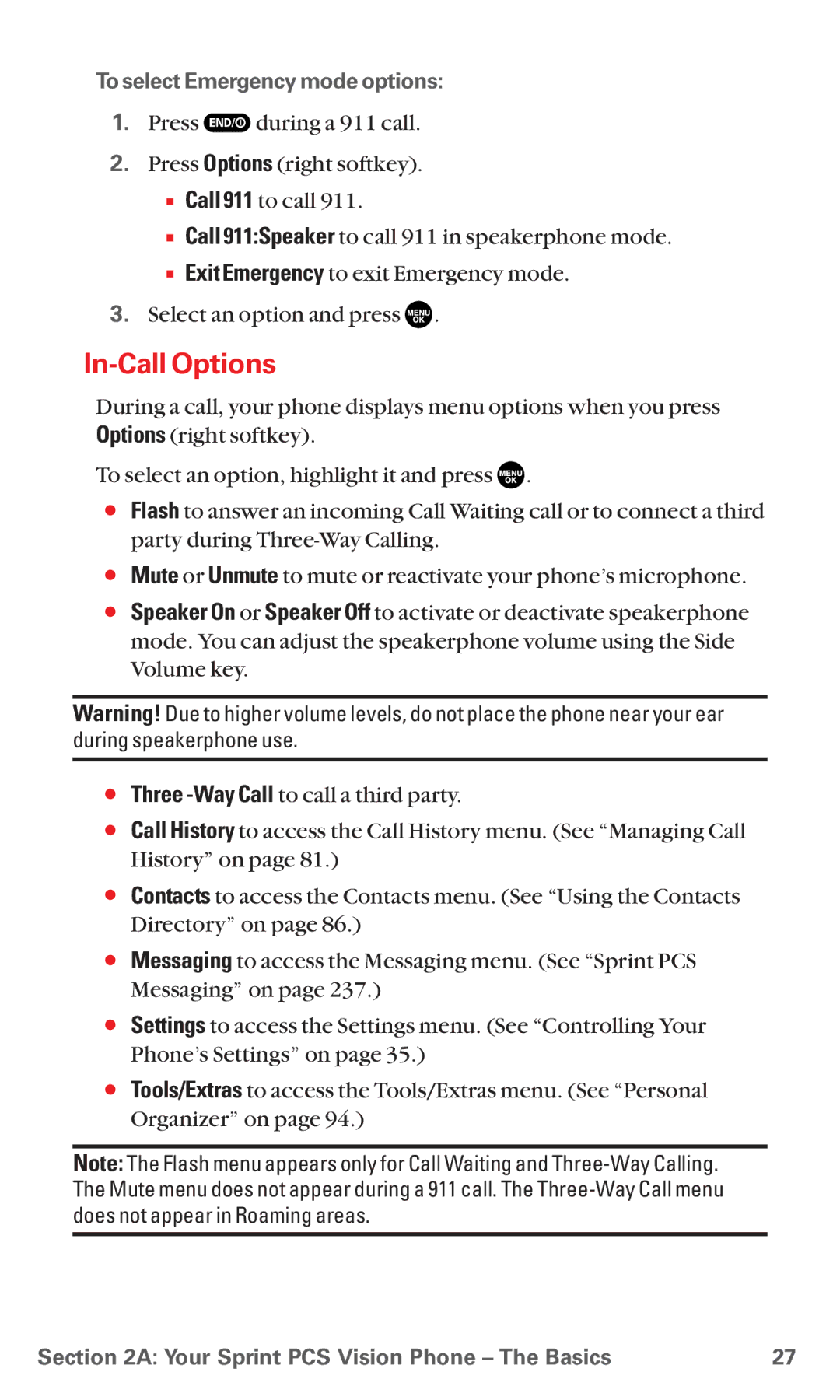 Sanyo MM-5600 manual In-Call Options, To select Emergency mode options 