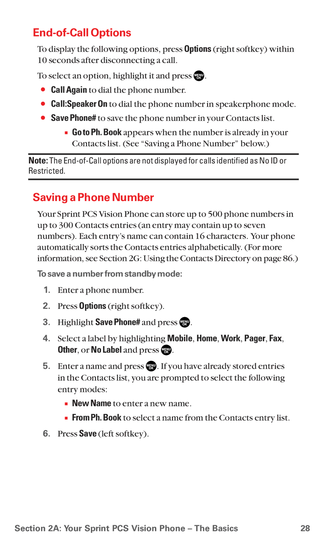 Sanyo MM-5600 manual End-of-Call Options, Saving a Phone Number, To savea number from standby mode 