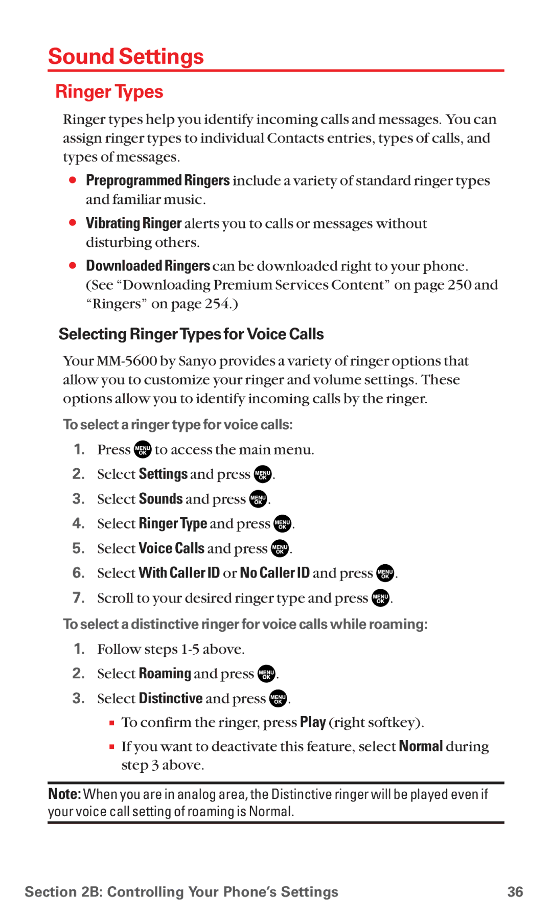 Sanyo MM-5600 Sound Settings, Ringer Types, Selecting RingerTypes for Voice Calls, To select a ringer type for voice calls 