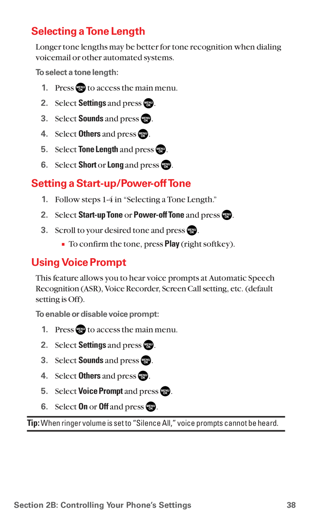 Sanyo MM-5600 manual Selecting a Tone Length, Setting a Start-up/Power-off Tone, Using Voice Prompt 