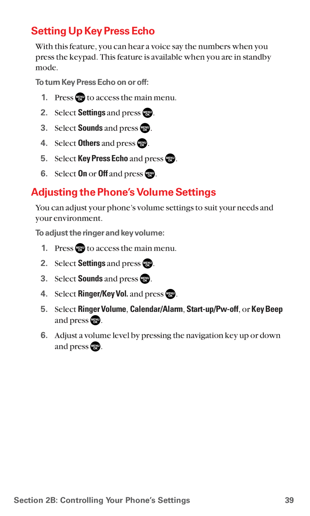 Sanyo MM-5600 manual Setting Up Key Press Echo, Adjusting the Phone’s Volume Settings, To turn Key Press Echo on or off 