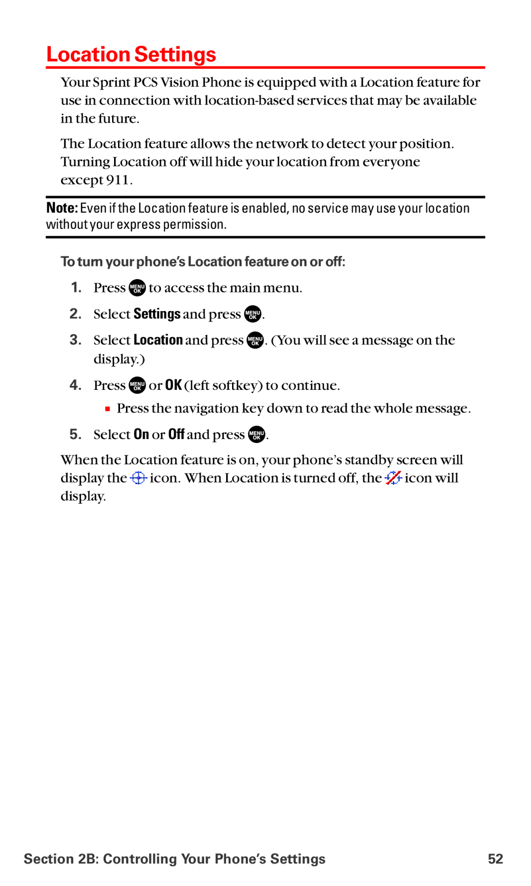 Sanyo MM-5600 manual Location Settings, To turn your phone’s Location feature on or off 