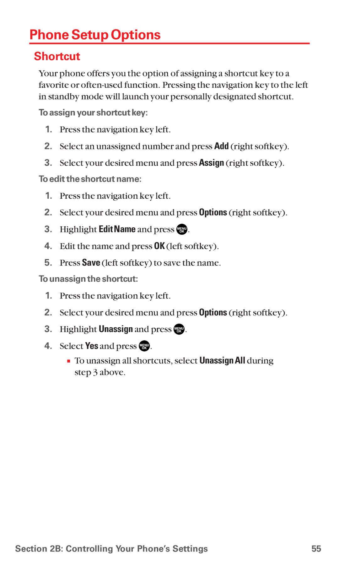 Sanyo MM-5600 manual Phone Setup Options, Shortcut, To assign your shortcut key, To edit the shortcut name 