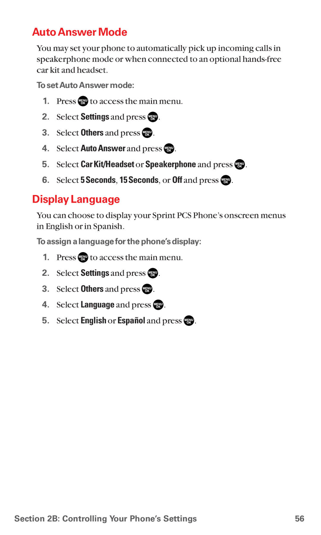 Sanyo MM-5600 manual Auto Answer Mode, Display Language, Select Car Kit/Headset or Speakerphone and press 