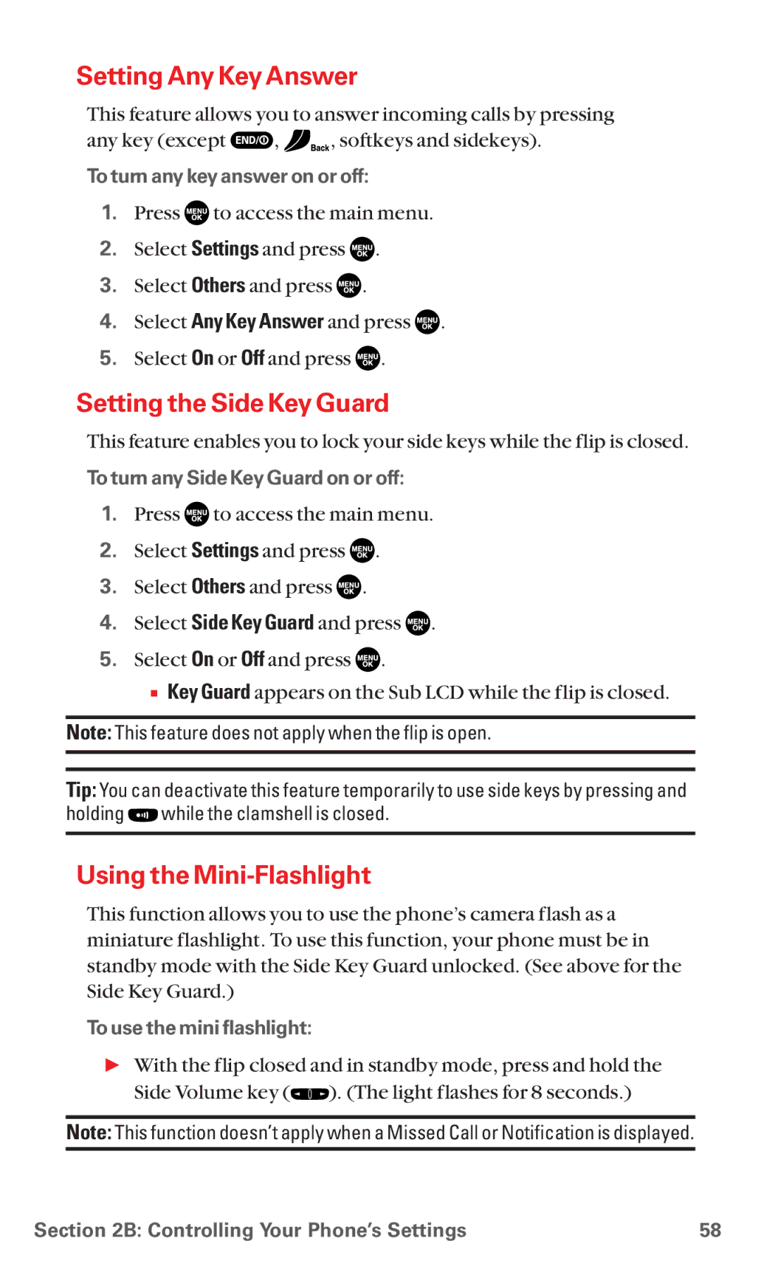 Sanyo MM-5600 manual Setting Any Key Answer, Setting the Side Key Guard, Using the Mini-Flashlight 