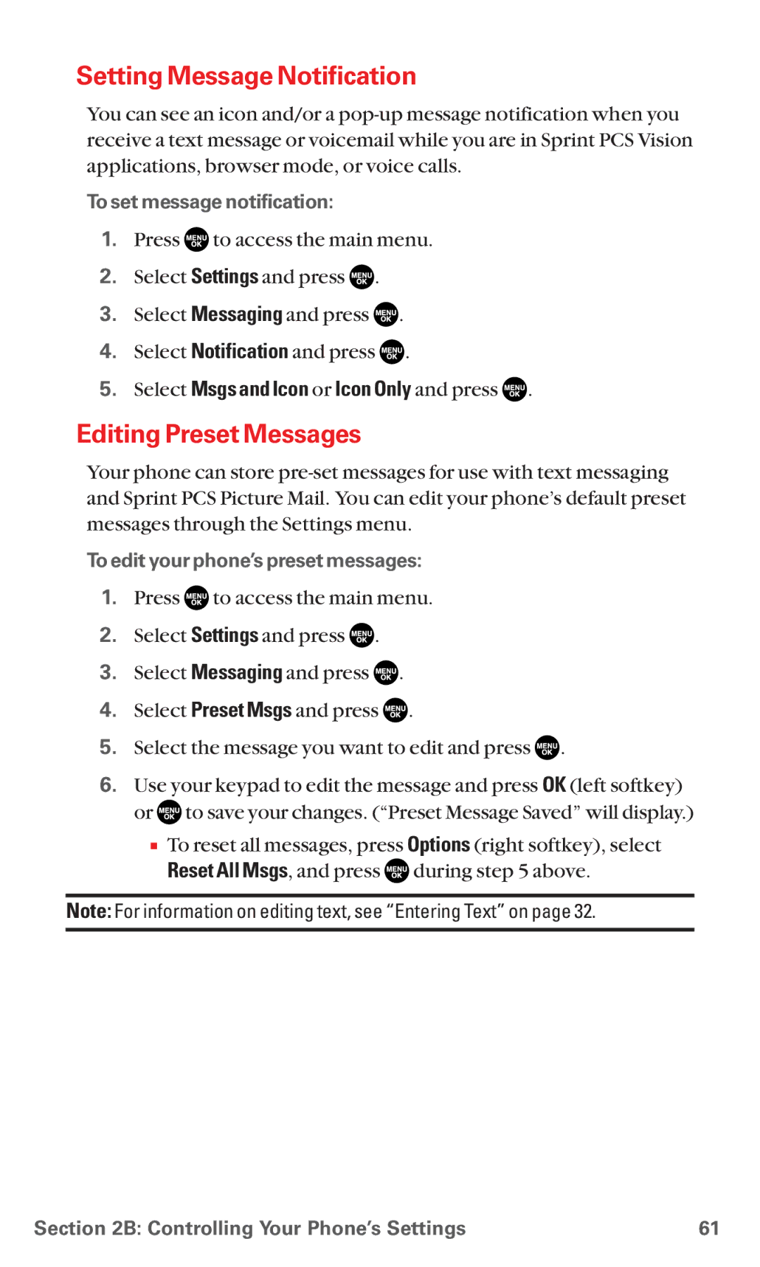 Sanyo MM-5600 manual Setting Message Notification, Editing Preset Messages, Select Msgs and Icon or Icon Only and press 