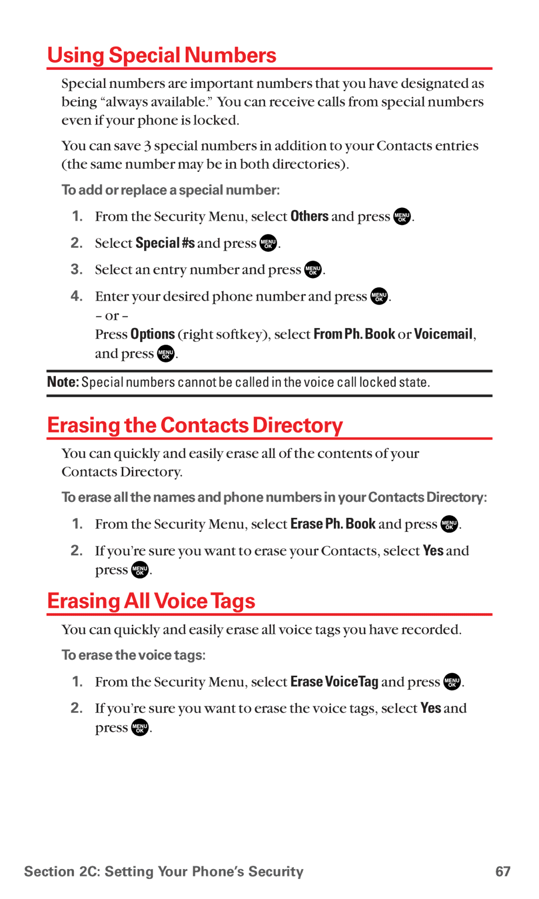 Sanyo MM-5600 manual Using Special Numbers, Erasing the Contacts Directory, ErasingAll VoiceTags, To erase the voice tags 