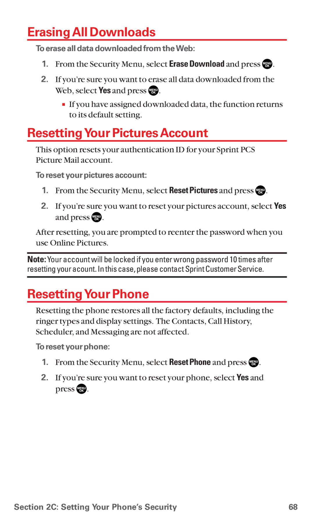 Sanyo MM-5600 manual ErasingAll Downloads, ResettingYour Pictures Account, ResettingYour Phone 