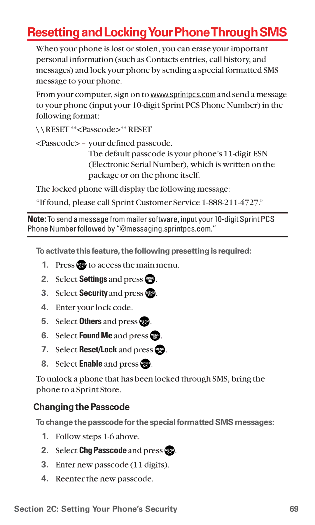 Sanyo MM-5600 manual ResettingandLockingYourPhoneThroughSMS, Changing the Passcode 