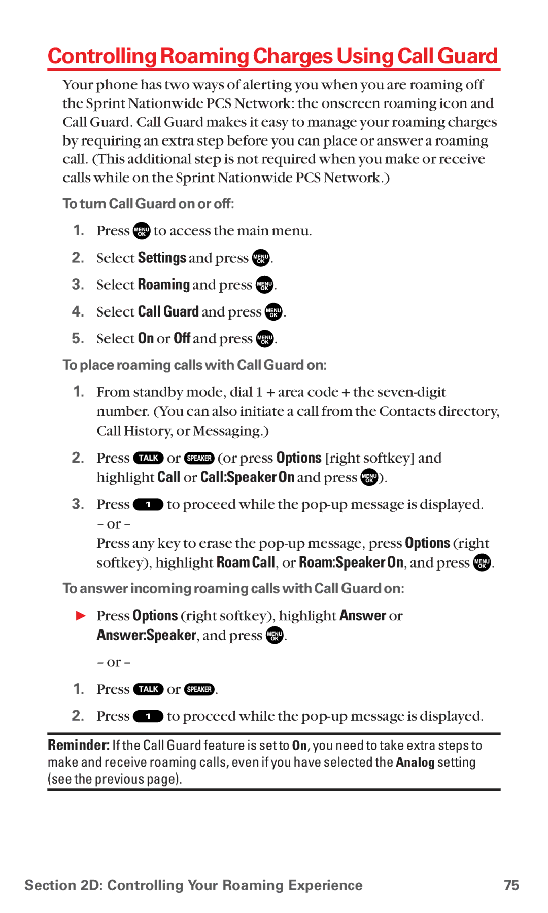 Sanyo MM-5600 manual Controlling Roaming Charges Using Call Guard, AnswerSpeaker, and press, To turn Call Guard on or off 