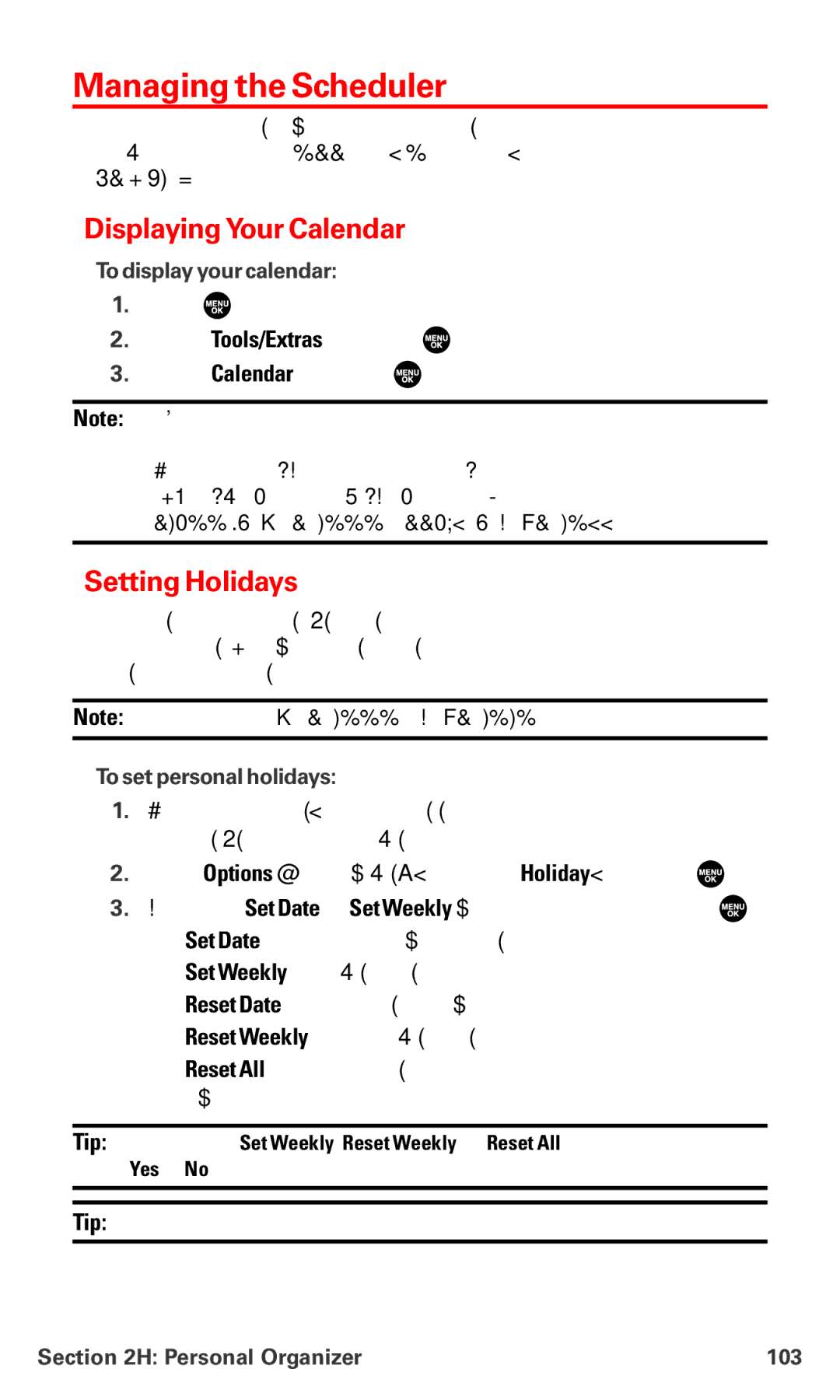 Sanyo MM-7400 manual Managing the Scheduler, DisplayingYour Calendar, Setting Holidays 