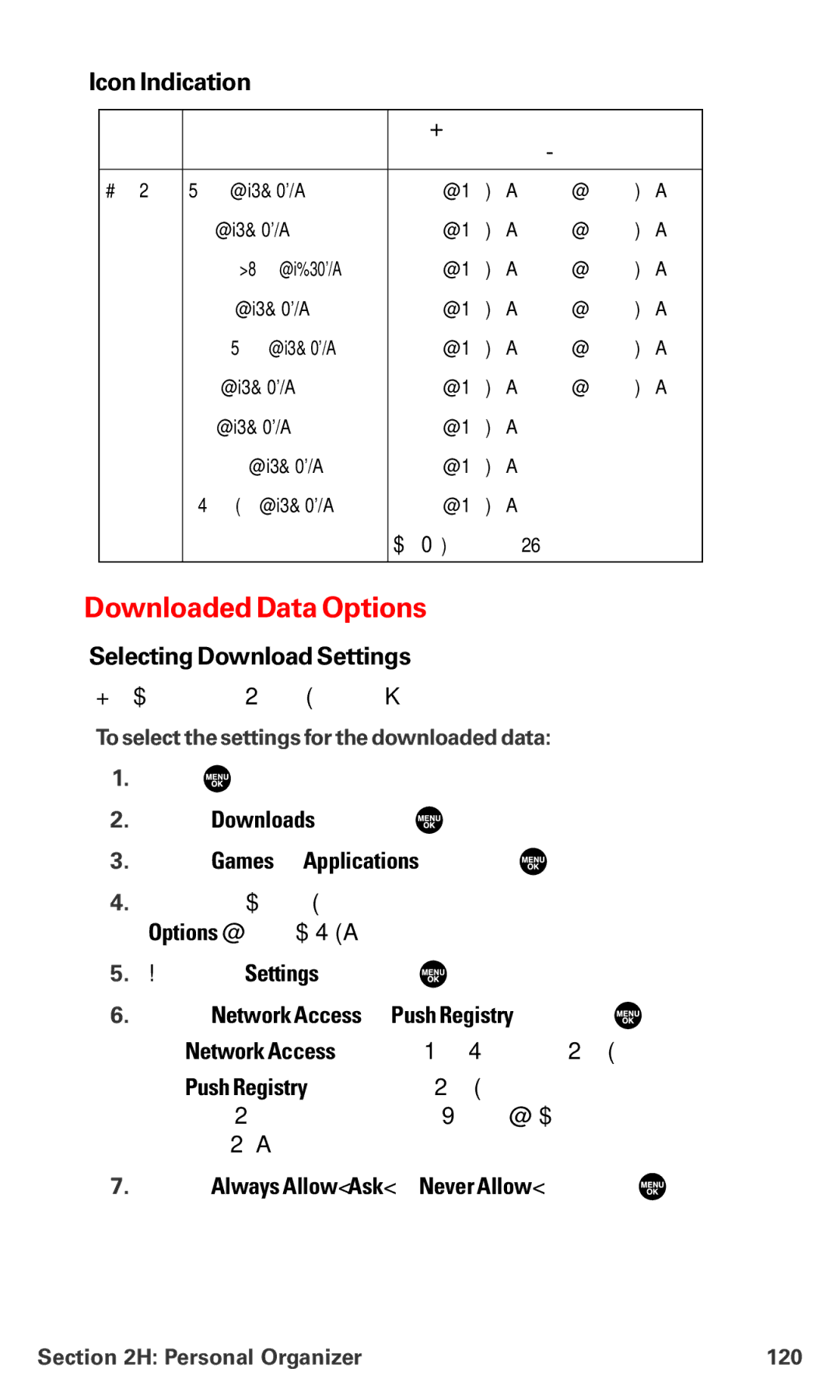 Sanyo MM-7400 manual Downloaded Data Options, Icon Indication, Selecting Download Settings 