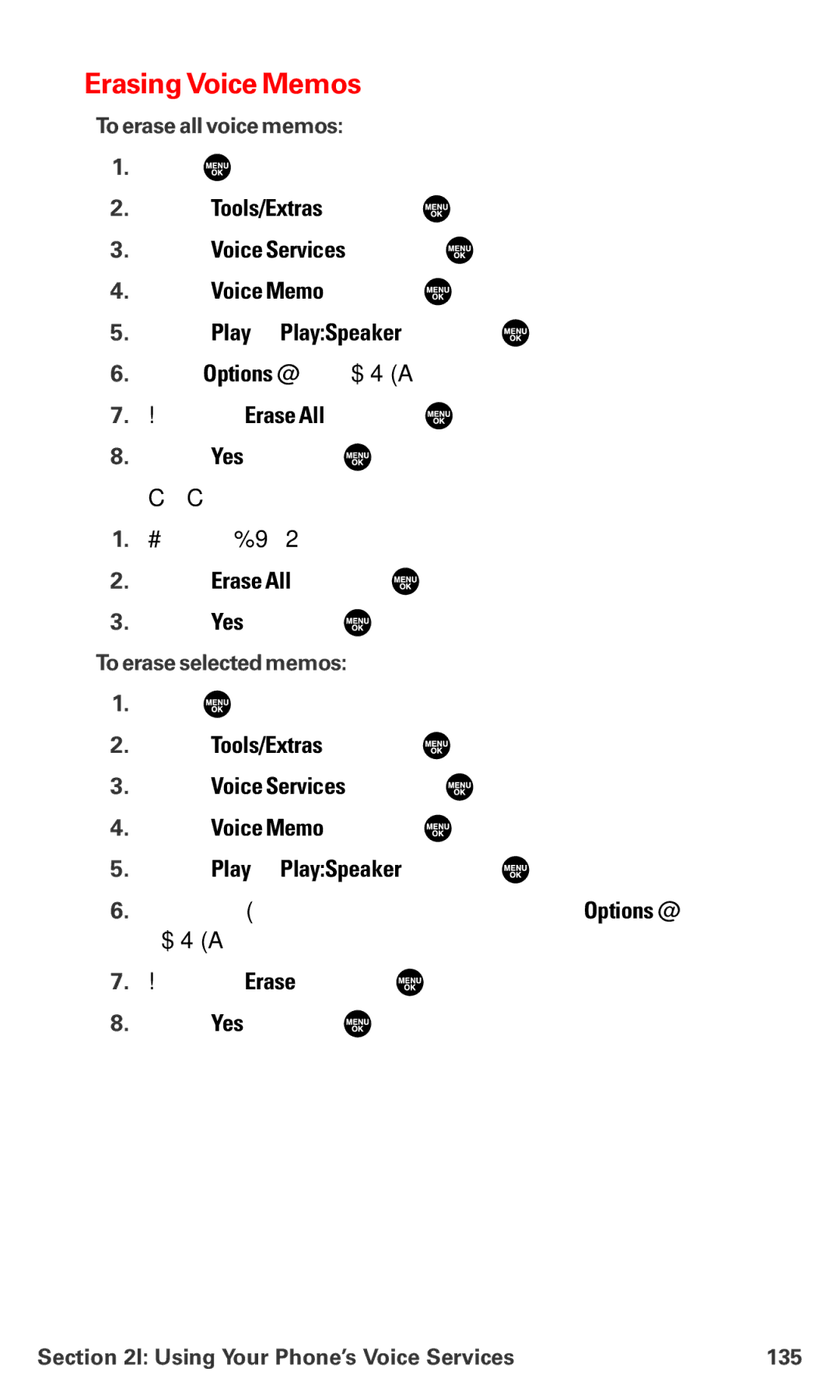 Sanyo MM-7400 ErasingVoice Memos, To erase all voice memos, To erase selected memos, Using Your Phone’s Voice Services 135 