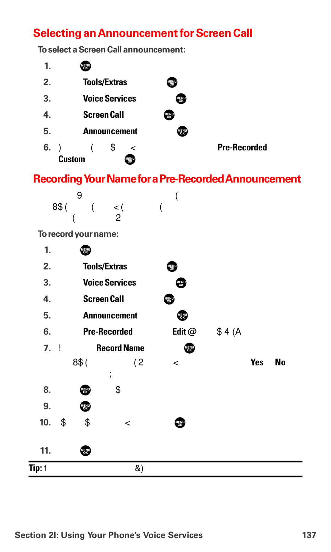 Sanyo MM-7400 manual Selecting an Announcement for Screen Call, RecordingYourNameforaPre-RecordedAnnouncement 