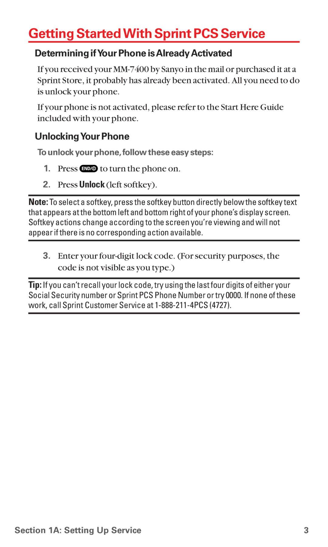 Sanyo MM-7400 Getting Started With Sprint PCS Service, Determining ifYour Phone is Already Activated, UnlockingYour Phone 