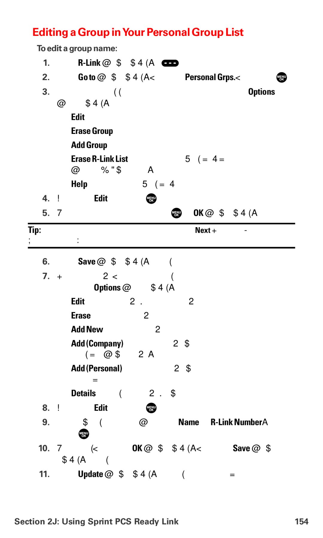 Sanyo MM-7400 manual Editing a Group inYour Personal Group List, To edit a group name, Using Sprint PCS Ready Link 154 
