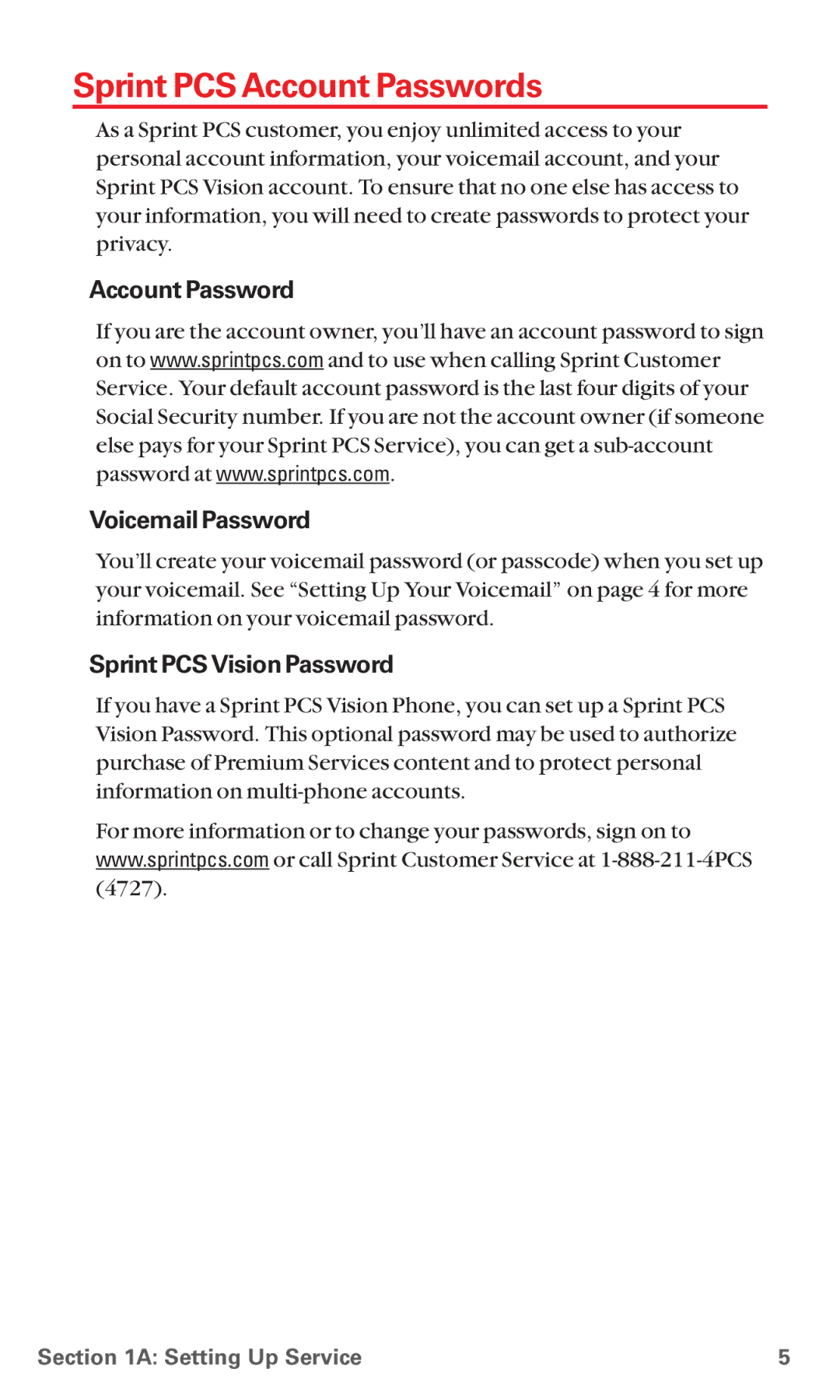 Sanyo MM-7400 manual Sprint PCSAccount Passwords, Account Password Voicemail Password, Sprint PCS Vision Password 