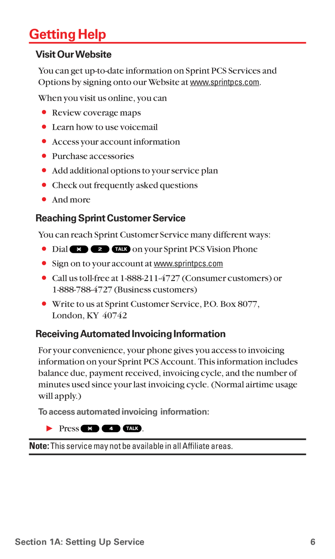 Sanyo MM-7400 Getting Help, Visit Our Website, Reaching Sprint Customer Service, Receiving Automated Invoicing Information 