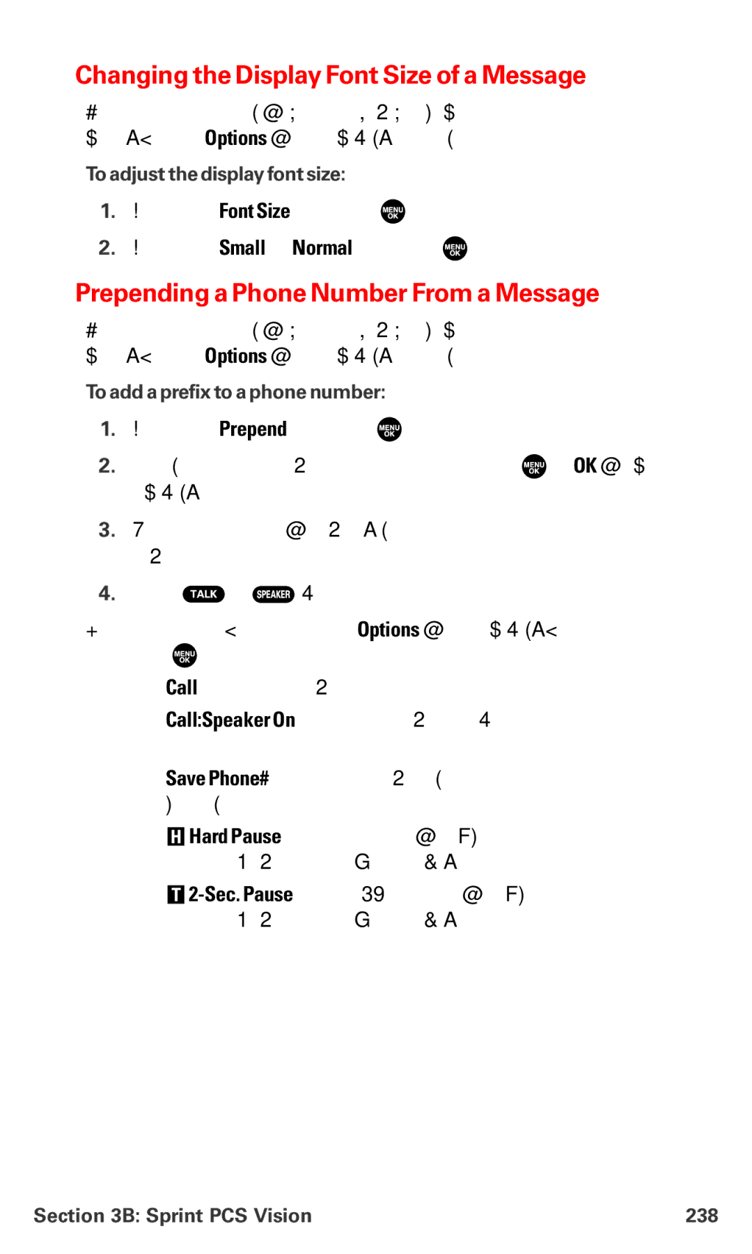 Sanyo MM-7400 Changing the Display Font Size of a Message, Prepending a Phone Number From a Message, Sprint PCS Vision 238 