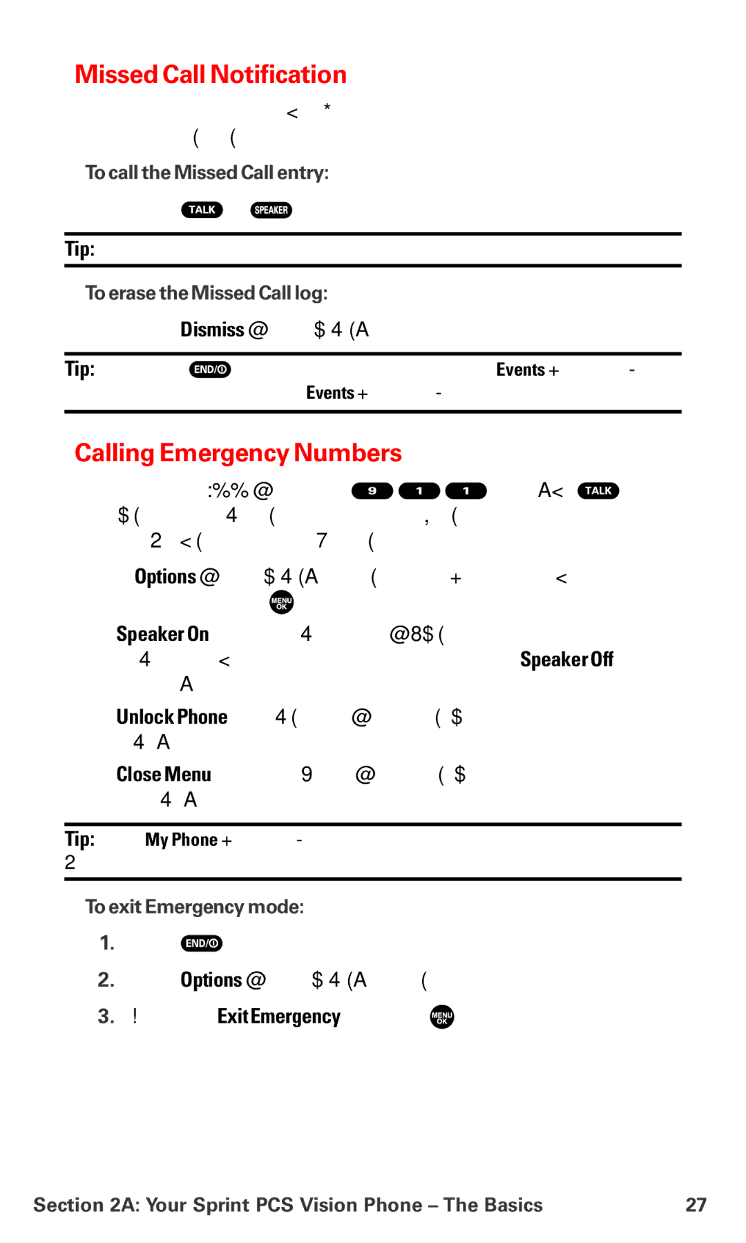 Sanyo MM-7400 Missed Call Notification, Calling Emergency Numbers, To call the Missed Call entry, To exit Emergency mode 