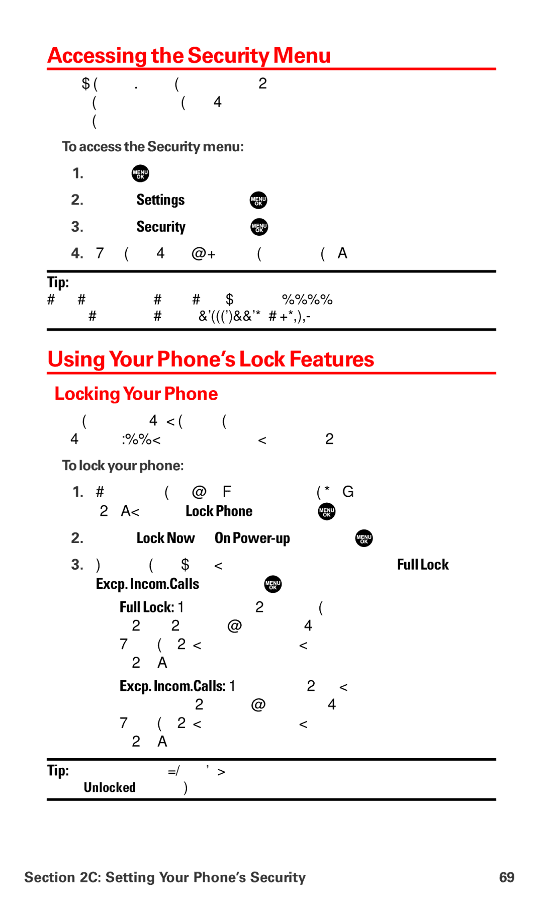 Sanyo MM-7400 Accessing the Security Menu, UsingYour Phone’s Lock Features, LockingYour Phone, Excp. Incom.Calls and press 