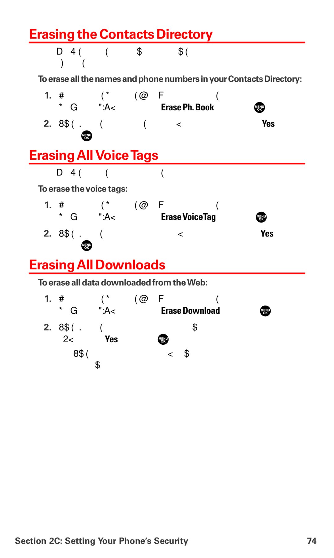 Sanyo MM-7400 manual Erasing the Contacts Directory, ErasingAll VoiceTags, ErasingAll Downloads, To erase the voice tags 