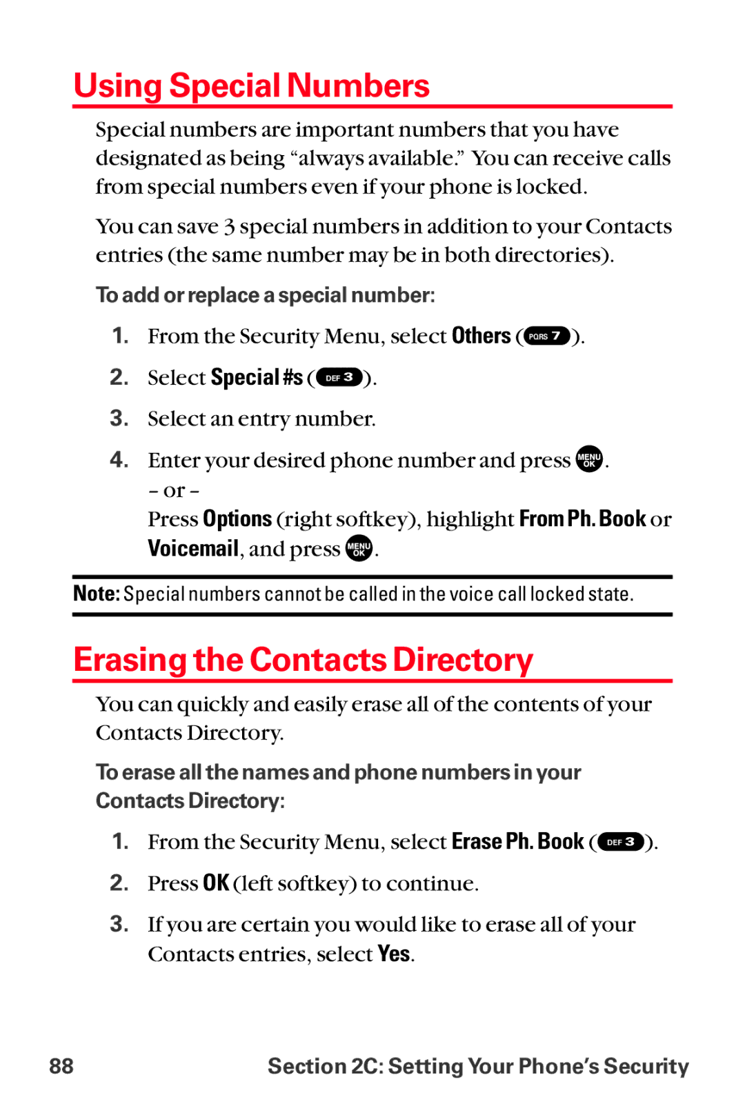 Sanyo MM-8300 manual Using Special Numbers, Erasing the Contacts Directory 