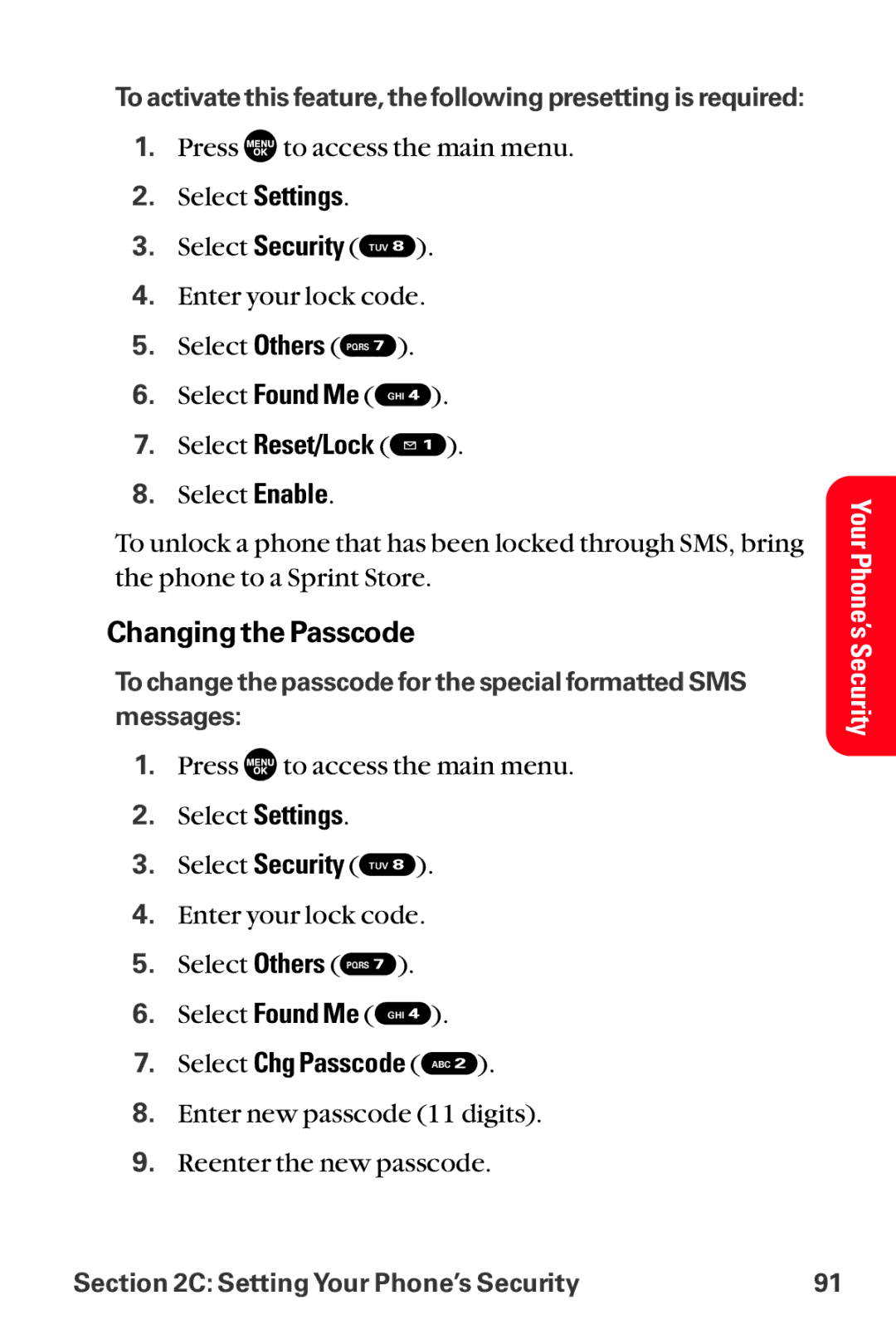 Sanyo MM-8300 manual Changing the Passcode, Select Reset/Lock, Select Chg Passcode ABC 