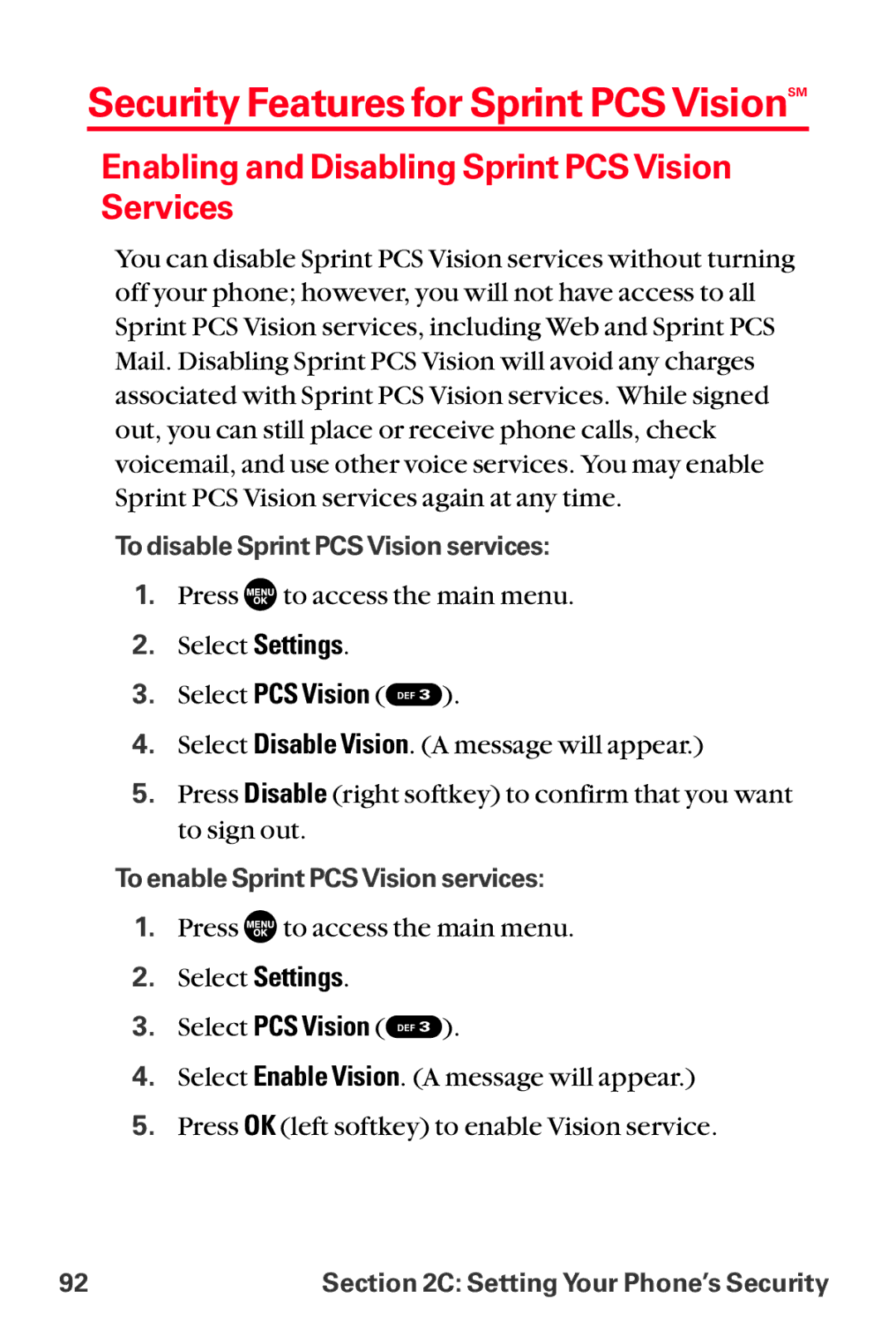 Sanyo MM-8300 manual Security Features for Sprint PCS VisionSM, Enabling and Disabling Sprint PCS Vision Services 