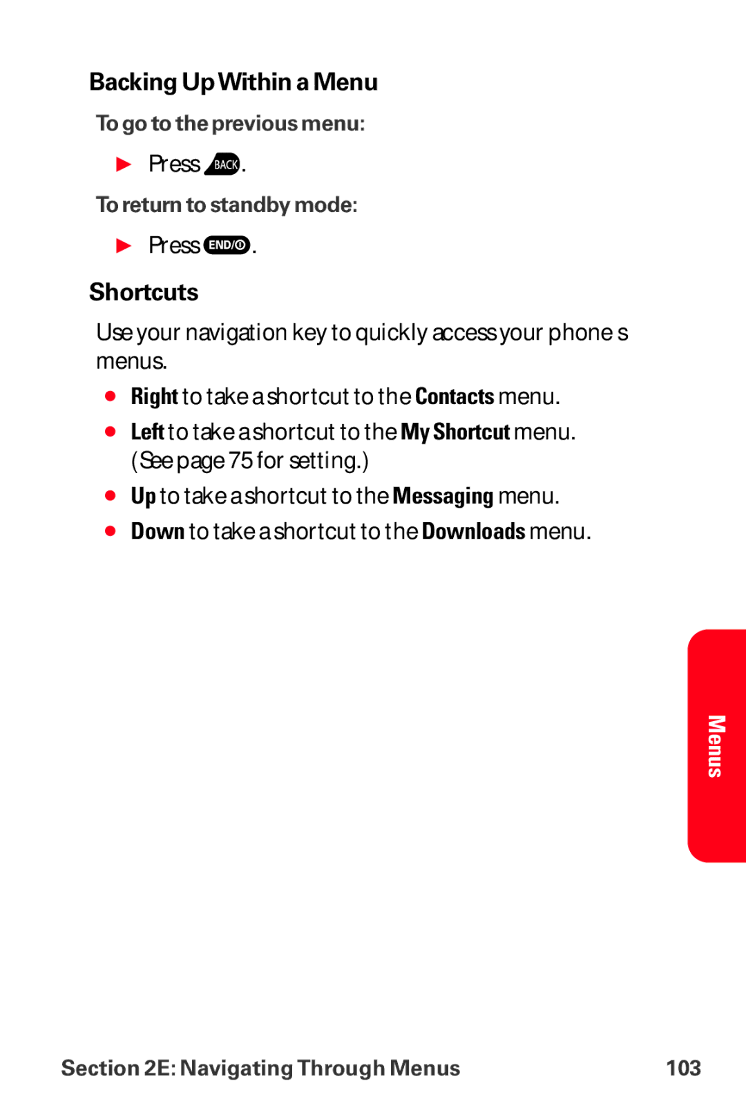 Sanyo MM-8300 manual Backing Up Within a Menu, Shortcuts 