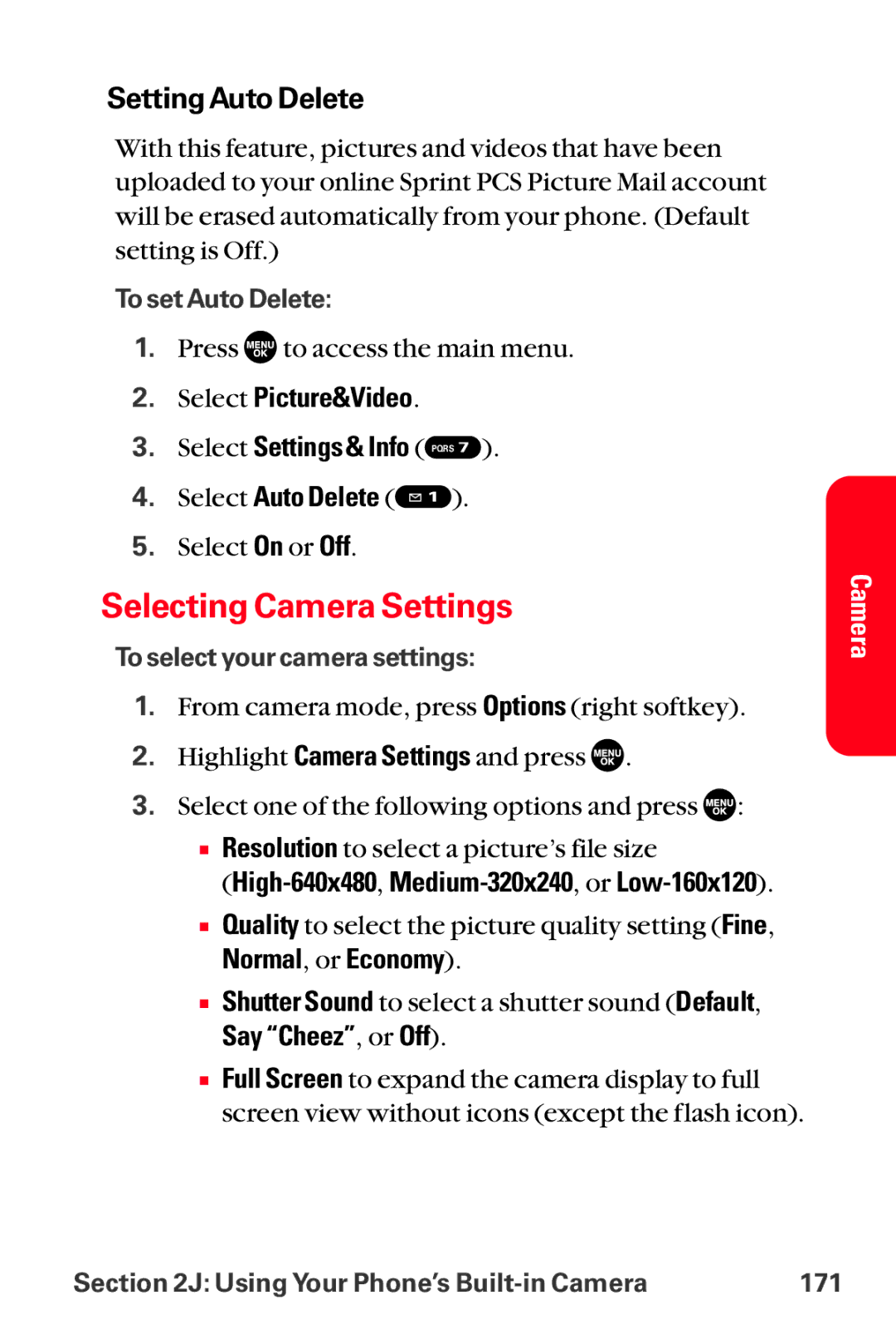 Sanyo MM-8300 manual Selecting Camera Settings, Setting Auto Delete, Normal, or Economy, Say Cheez, or Off 