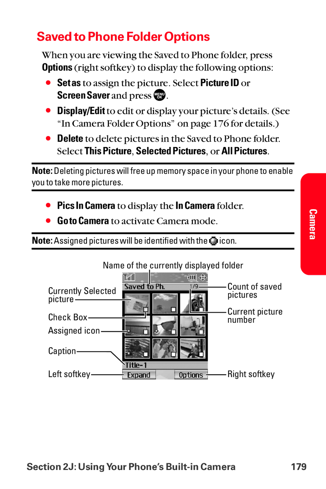 Sanyo MM-8300 manual Saved to Phone Folder Options,  Pics In Camera to display the In Camera folder 
