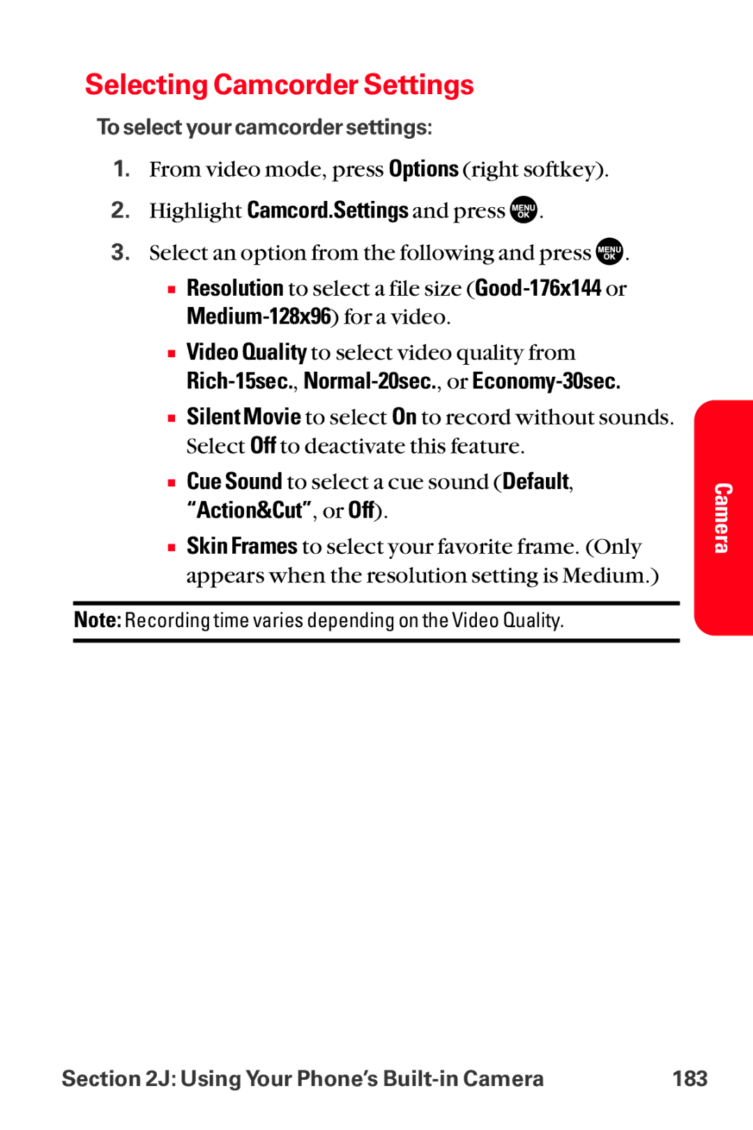 Sanyo MM-8300 manual Selecting Camcorder Settings, Rich-15sec.,Normal-20sec., or Economy-30sec, Action&Cut, or Off 