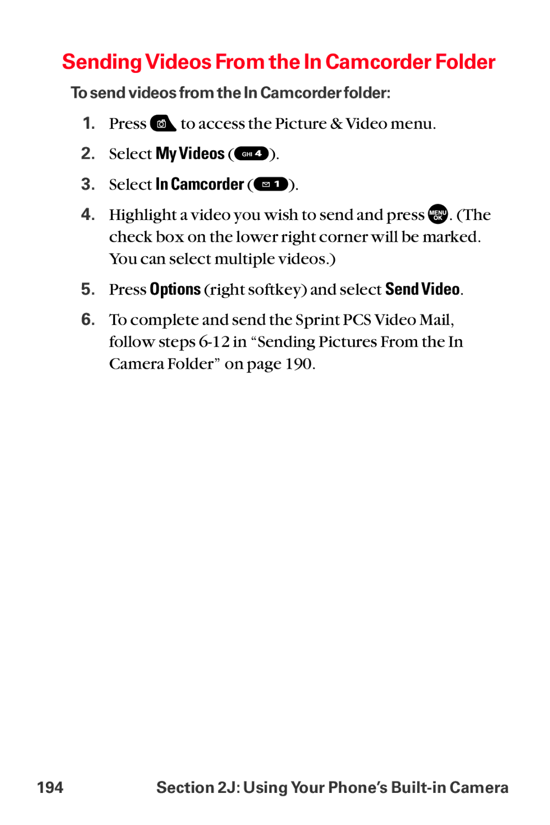 Sanyo MM-8300 manual Sending Videos From the In Camcorder Folder, Select In Camcorder 