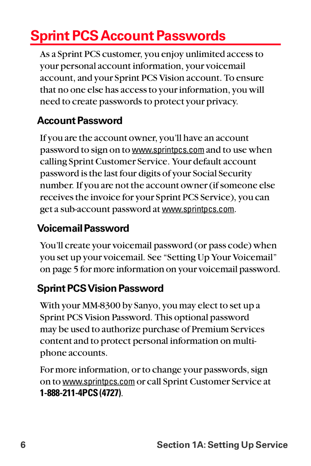 Sanyo MM-8300 Sprint PCS Account Passwords, Account Password Voicemail Password, Sprint PCSVision Password, 888-211-4PCS 