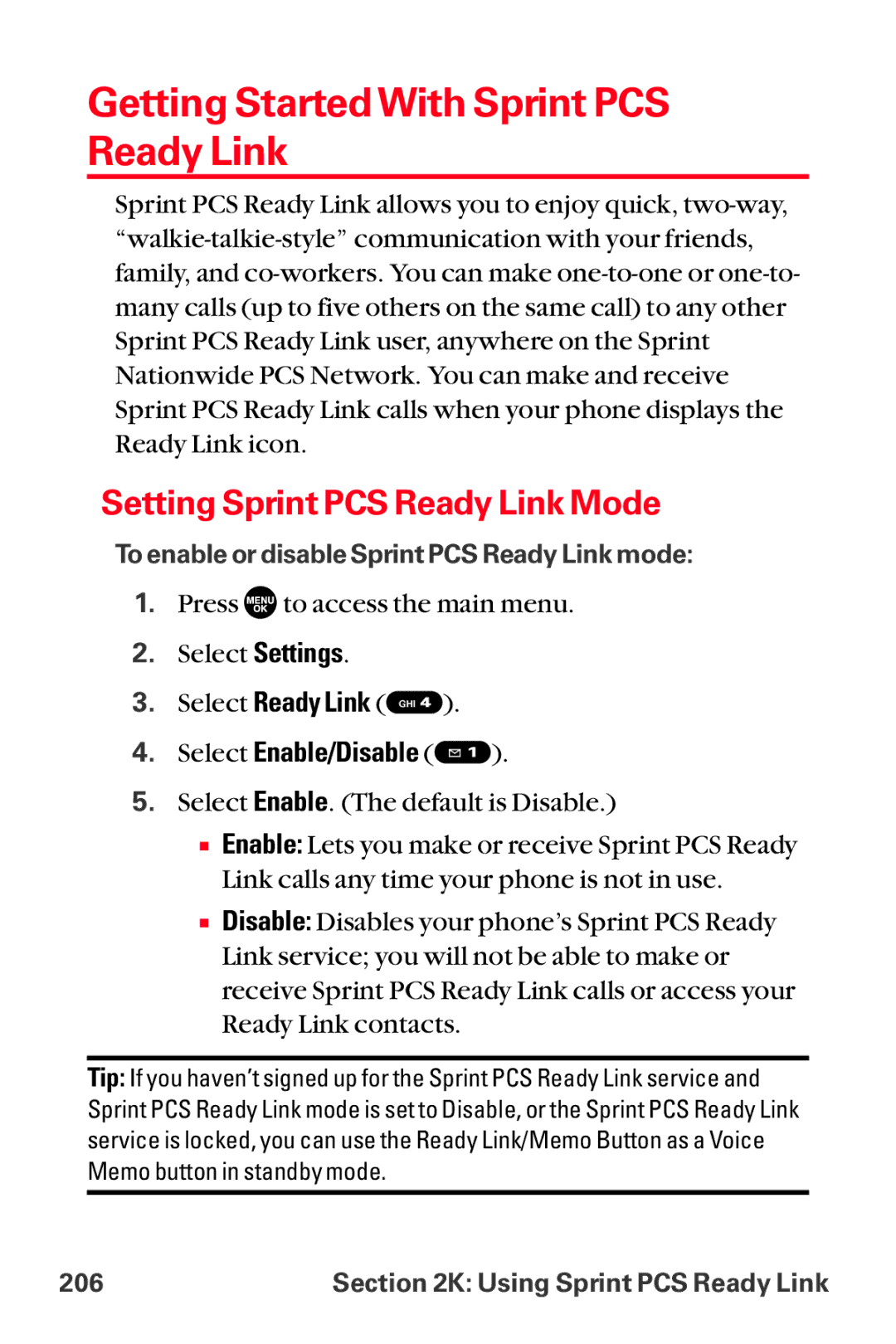 Sanyo MM-8300 manual Getting Started With Sprint PCS Ready Link, Setting Sprint PCS Ready Link Mode, Select Enable/Disable 