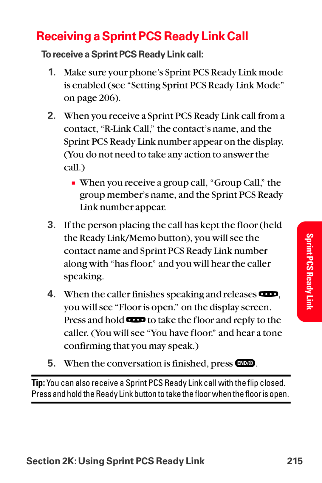 Sanyo MM-8300 manual Receiving a Sprint PCS Ready Link Call, Using Sprint PCS Ready Link 215 