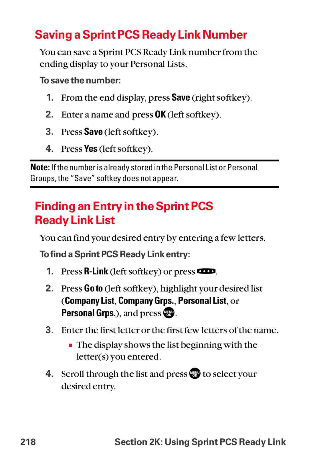 Sanyo MM-8300 manual Saving a Sprint PCS Ready Link Number, Finding an Entry in the Sprint PCS Ready Link List 