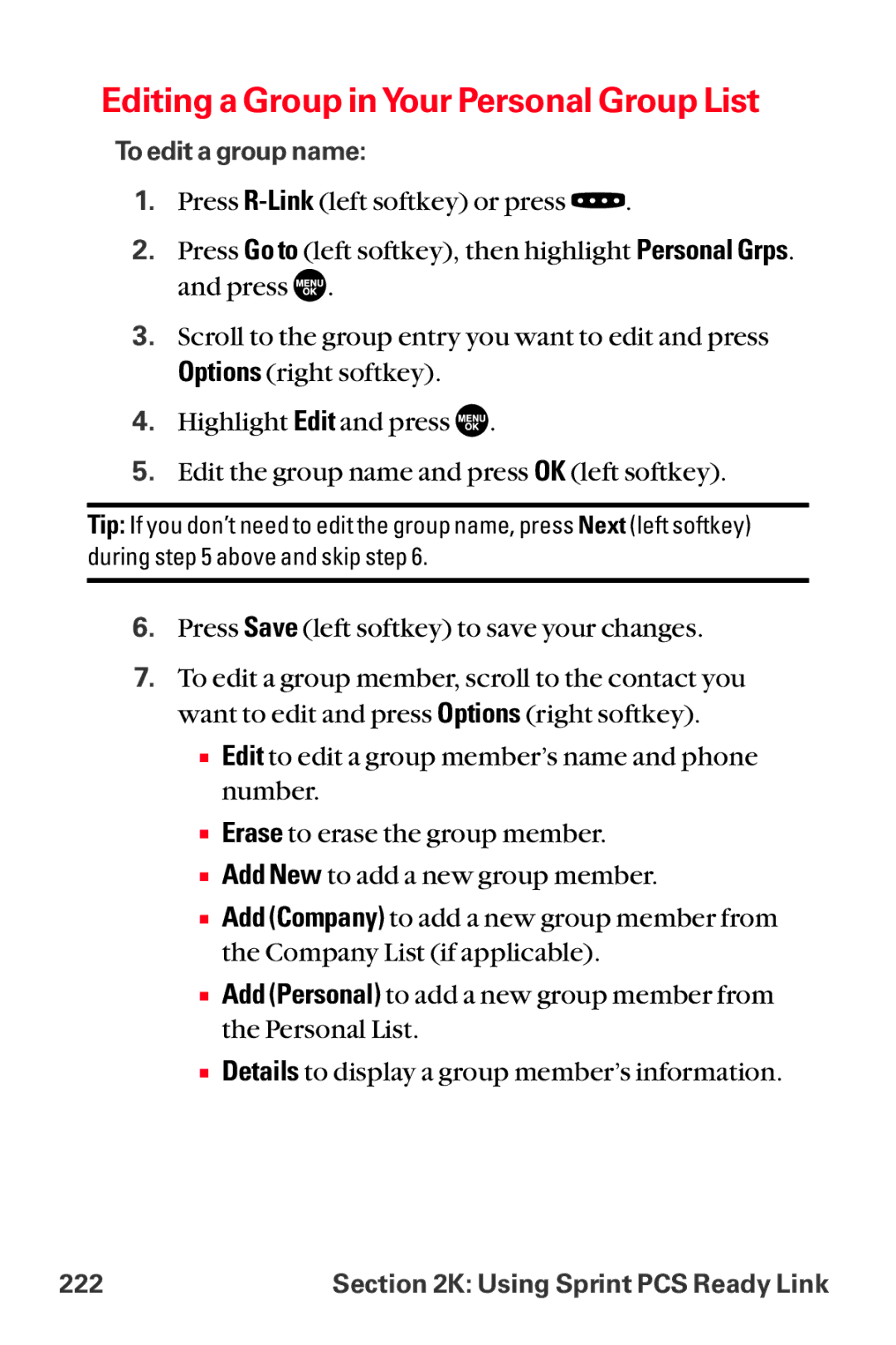 Sanyo MM-8300 manual Editing a Group in Your Personal Group List 