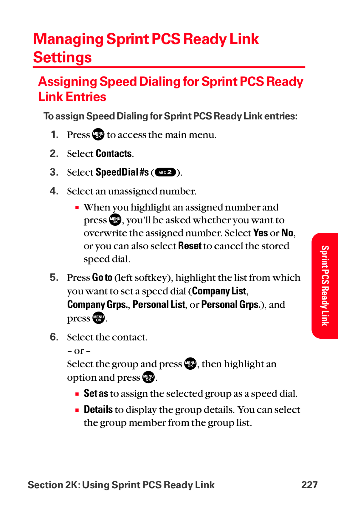 Sanyo MM-8300 manual Managing Sprint PCS Ready Link Settings, Assigning Speed Dialing for Sprint PCS Ready Link Entries 