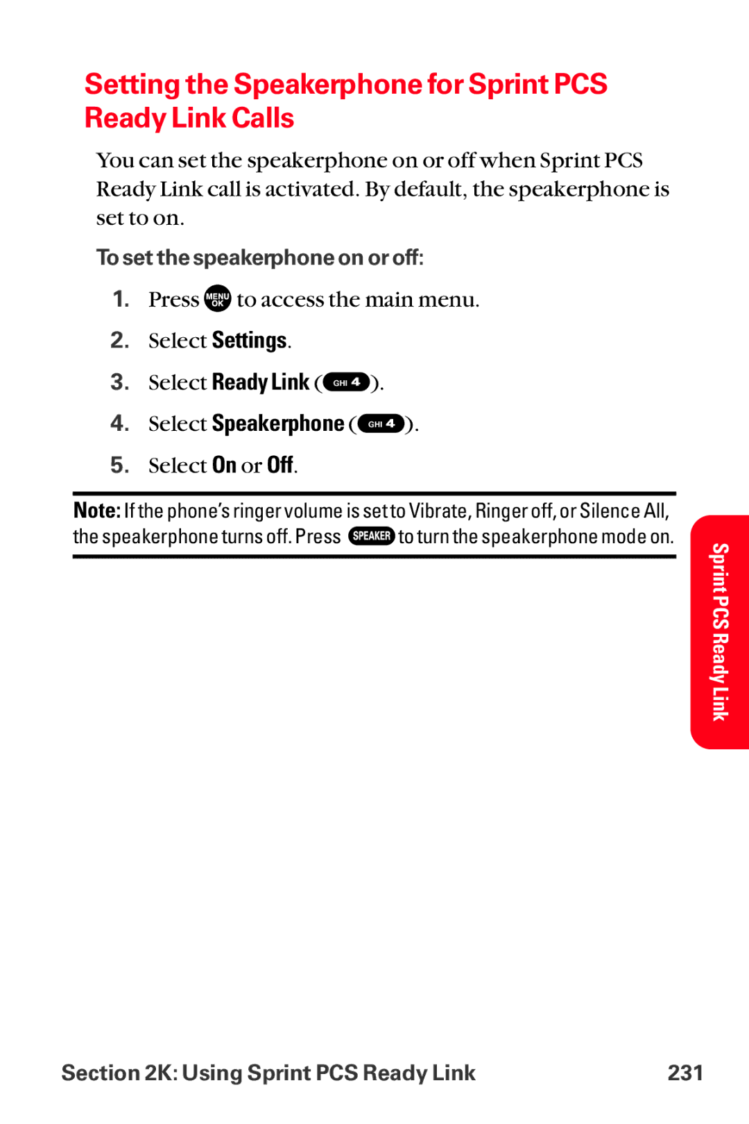 Sanyo MM-8300 manual Setting the Speakerphone for Sprint PCS Ready Link Calls, Select Speakerphone GHI 