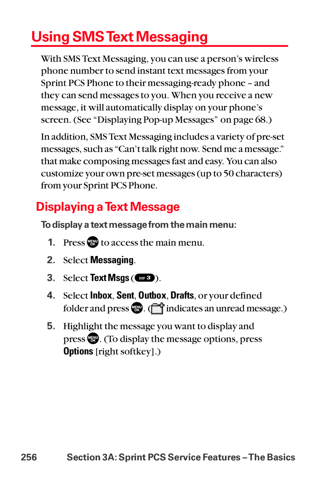 Sanyo MM-8300 manual Using SMS Text Messaging, Displaying a Text Message 