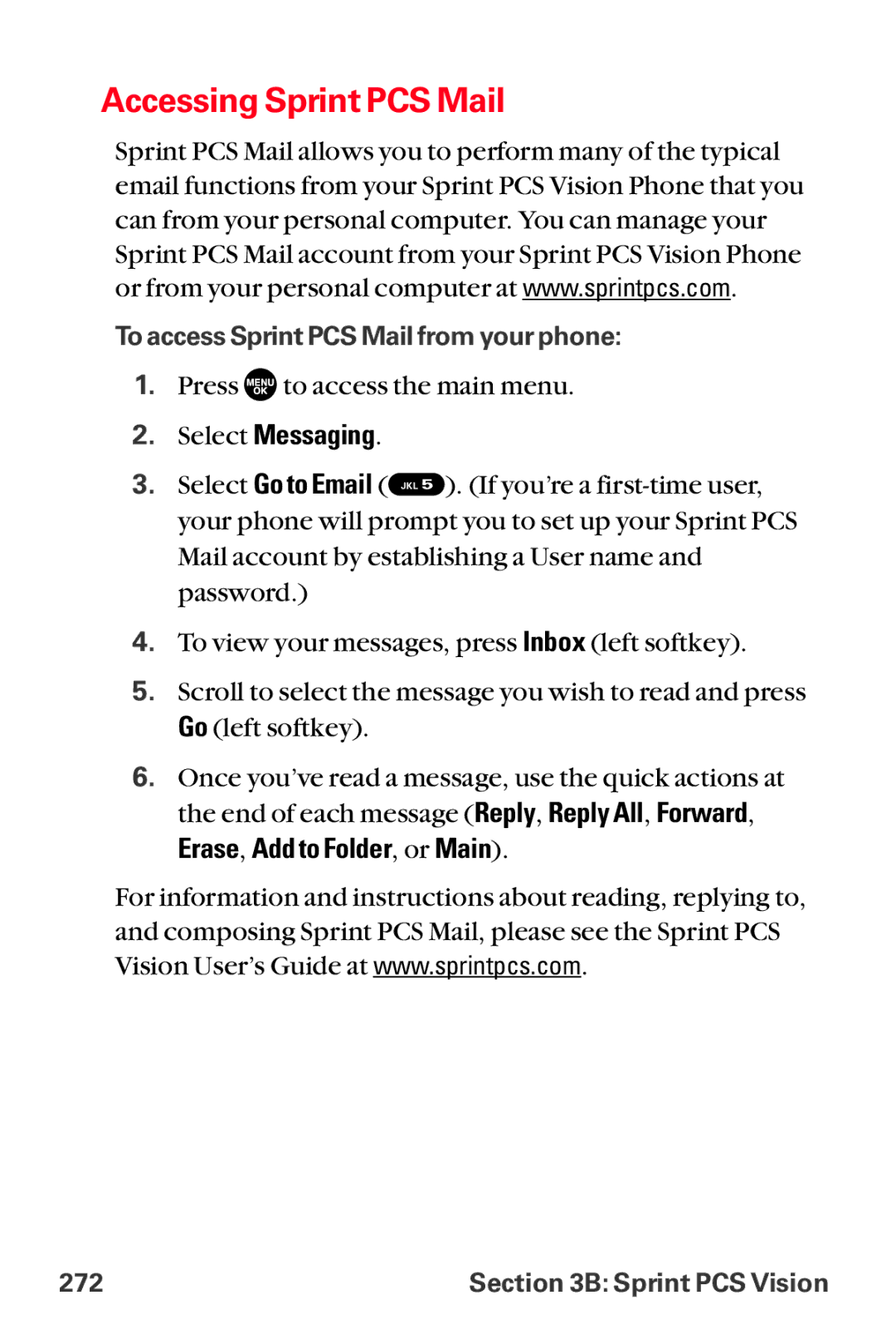 Sanyo MM-8300 manual Accessing Sprint PCS Mail, Erase, Add to Folder, or Main 