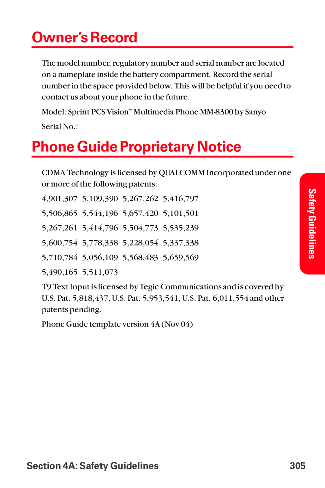 Sanyo MM-8300 manual Owner’s Record, Phone Guide Proprietary Notice 