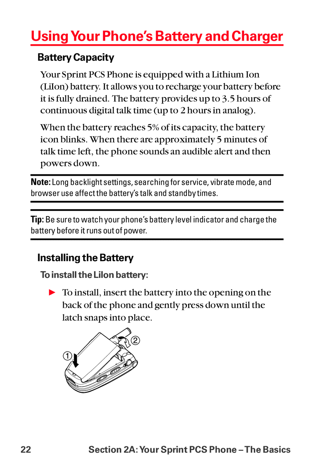 Sanyo MM-8300 manual Using Your Phone’s Battery and Charger, Battery Capacity, Installing the Battery 