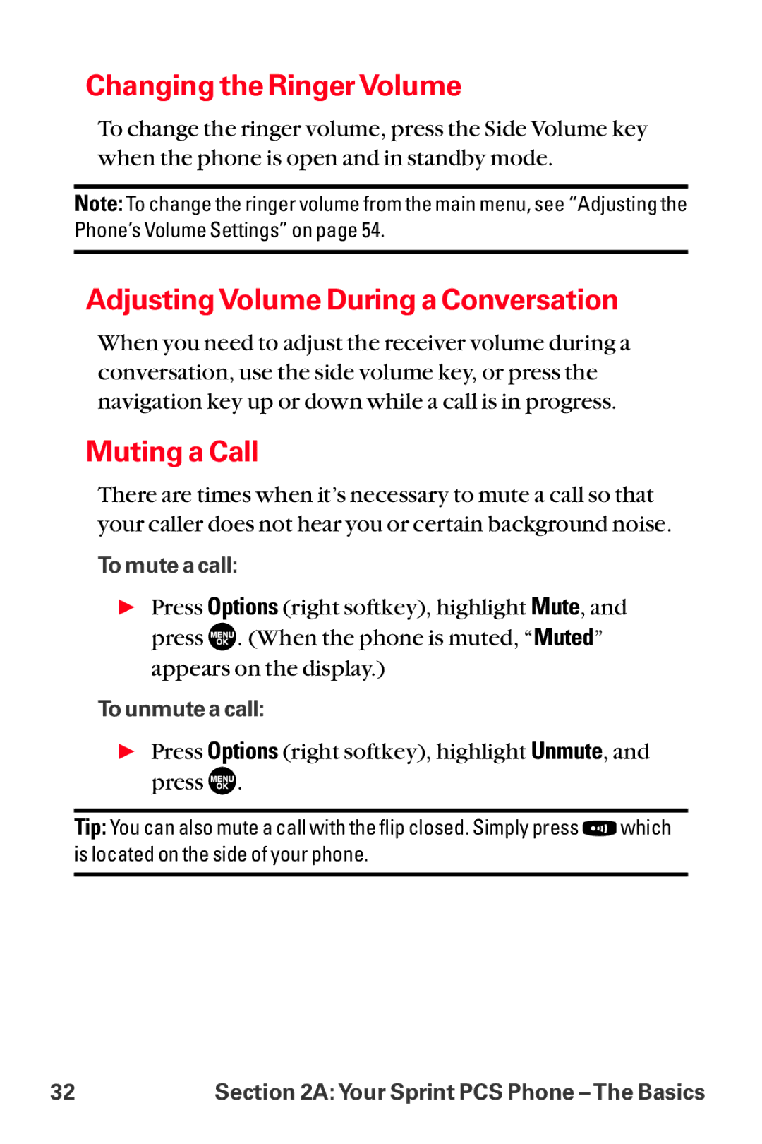 Sanyo MM-8300 manual Changing the Ringer Volume, Adjusting Volume During a Conversation, Muting a Call 