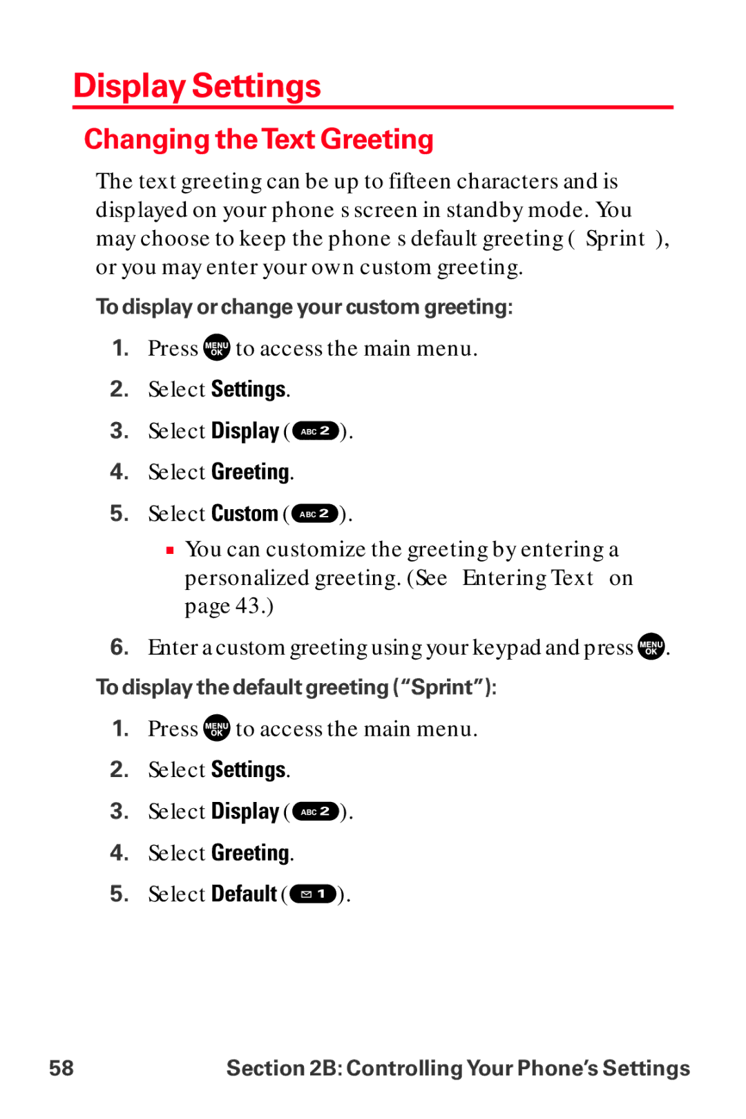 Sanyo MM-8300 manual Display Settings, Changing the Text Greeting 