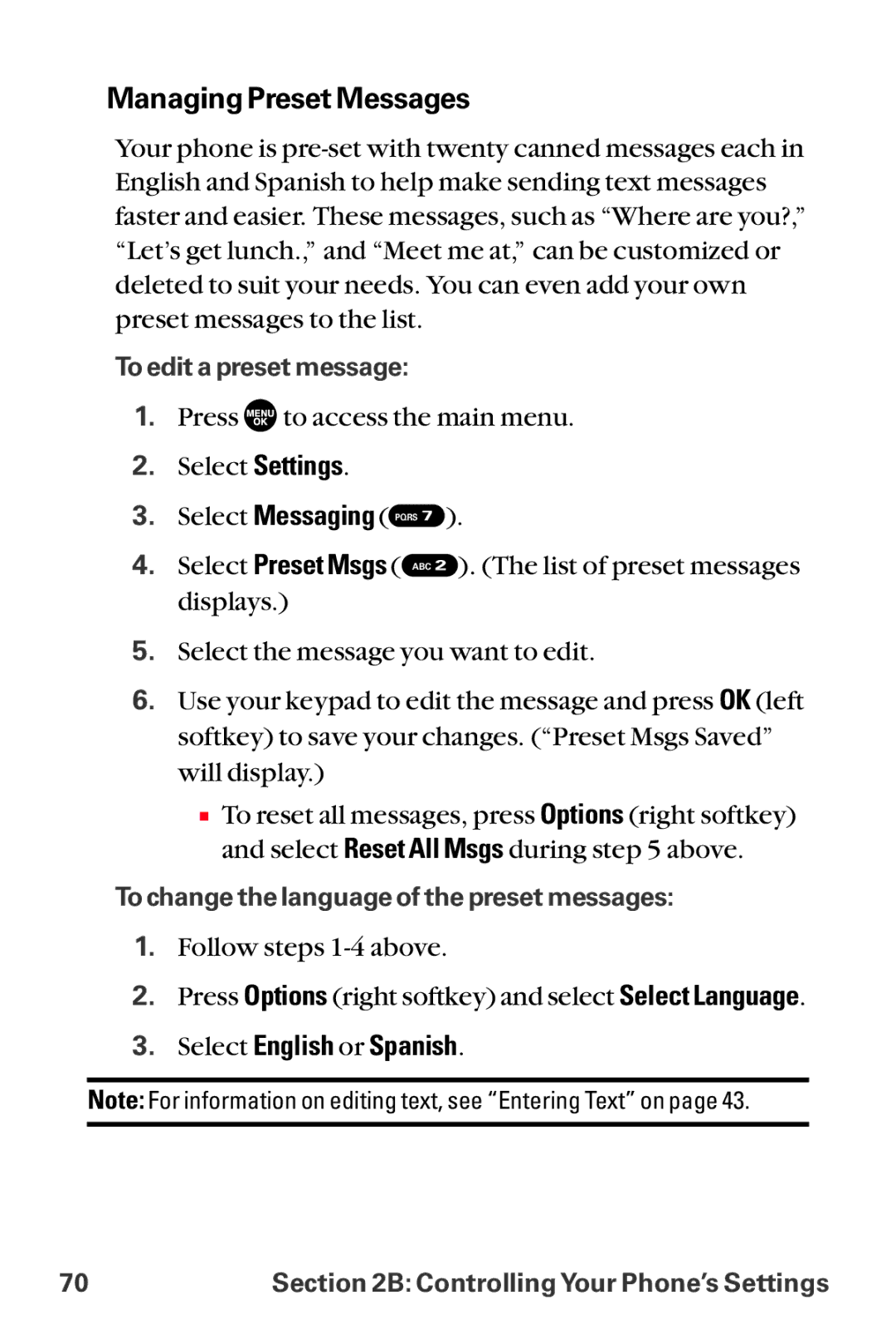 Sanyo MM-8300 manual Managing Preset Messages, Select English or Spanish 