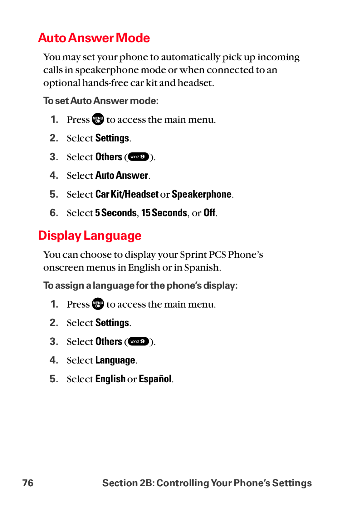 Sanyo MM-8300 manual Auto Answer Mode, Display Language, Select English or Español 